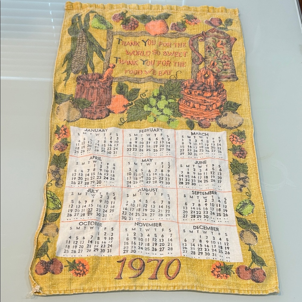 Vintage 1970 Calendar Fall Thanksgiving Tea Towel Thank you World so Sweet Food